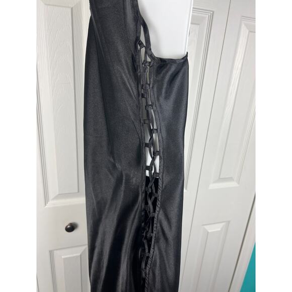 Y2K Victorias Secret Black Satin Slip Dress M 90s Lingerie Dress Side Lace-Up - Picture 3 of 7